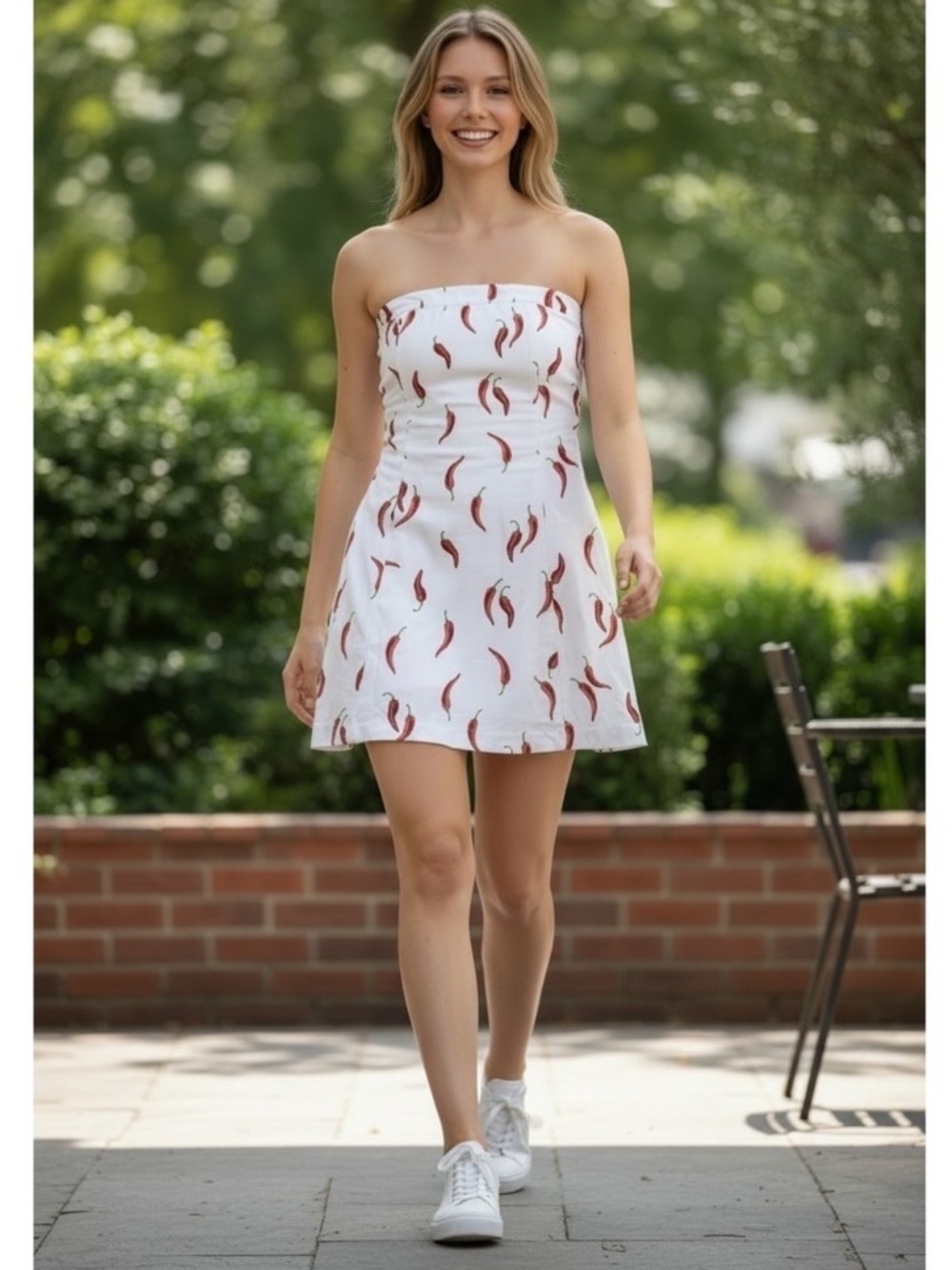 Jessica Simpson White Strapless Dress with Red Chili Motif